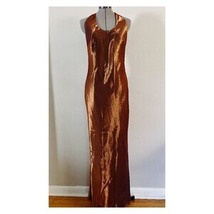 VTG 90's Geometrie Sz 8 Metallic Brown T Back Slinky Maxi Dress
